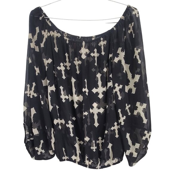 Emma Rose Off-Shoulder Blouse Sheer Black Abstract Cross Pattern Womens L/XL - Picture 1 of 4